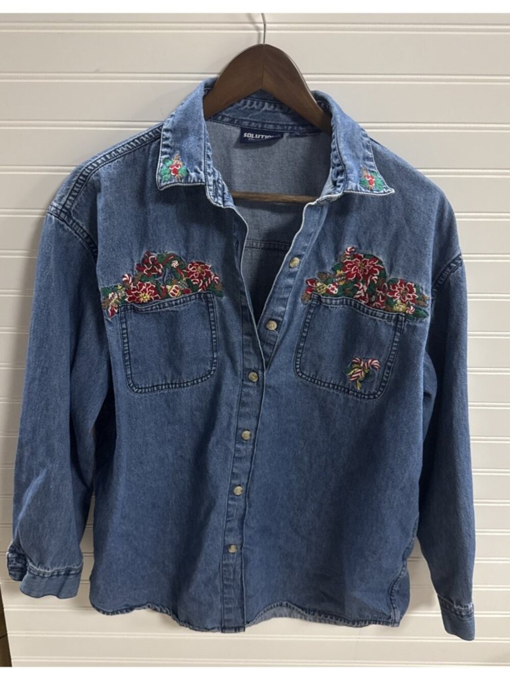 Vintage Solutions Casualwear Womens Christmas Denim Button Up Blouse Top Sz M/L